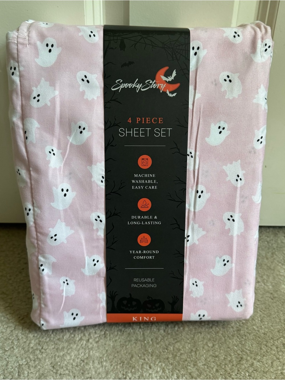 Spooky Story King 4-Piece Bed Sheet Set Pink Ghost Halloween Print New Bedding